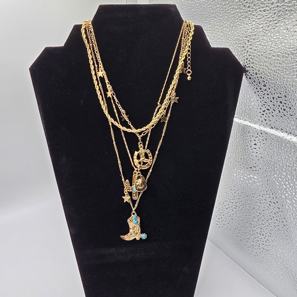 Gold Layered Western Necklace Set Turquoise Cowboy Boot Hat Cactus Horseshoe